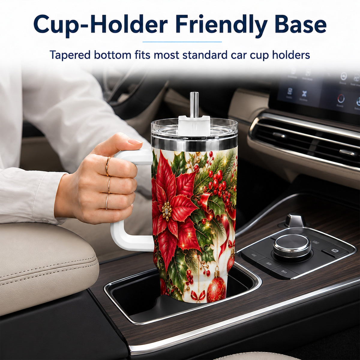 Christmas Ornaments 40oz Tumbler with Handle, Red Gold Floral Design