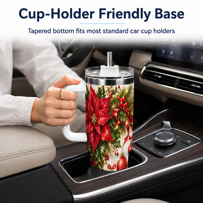 Christmas Ornaments 40oz Tumbler with Handle, Red Gold Floral Design