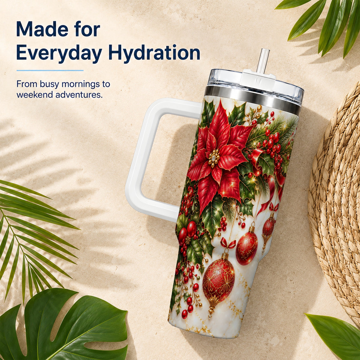 Christmas Ornaments 40oz Tumbler with Handle, Red Gold Floral Design