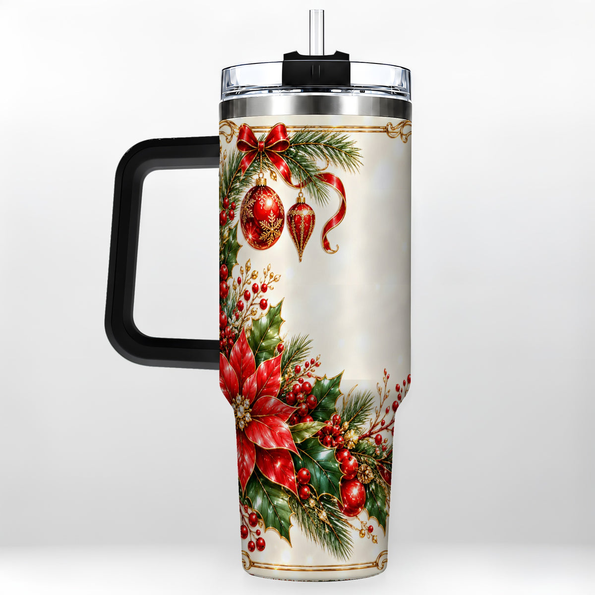 #pl[40oz|Black] Christmas Poinsettia 40oz Tumbler with Handle, Holiday Floral Design
