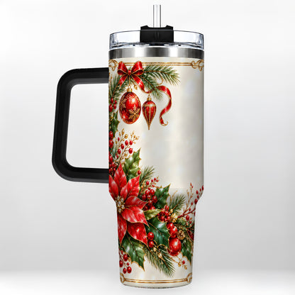 #pl[40oz|Black] Christmas Poinsettia 40oz Tumbler with Handle, Holiday Floral Design