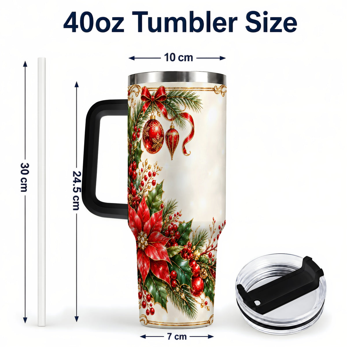 #pl[40oz|Black] Christmas Poinsettia 40oz Tumbler with Handle, Holiday Floral Design