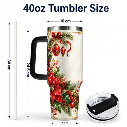 #pl[40oz|Black] Christmas Poinsettia 40oz Tumbler with Handle, Holiday Floral Design