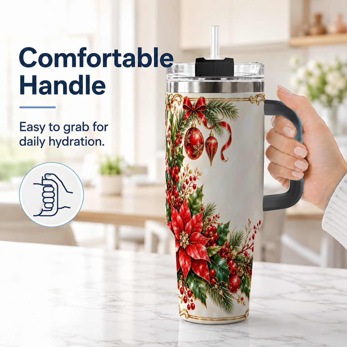 #pl[40oz|Black] Christmas Poinsettia 40oz Tumbler with Handle, Holiday Floral Design