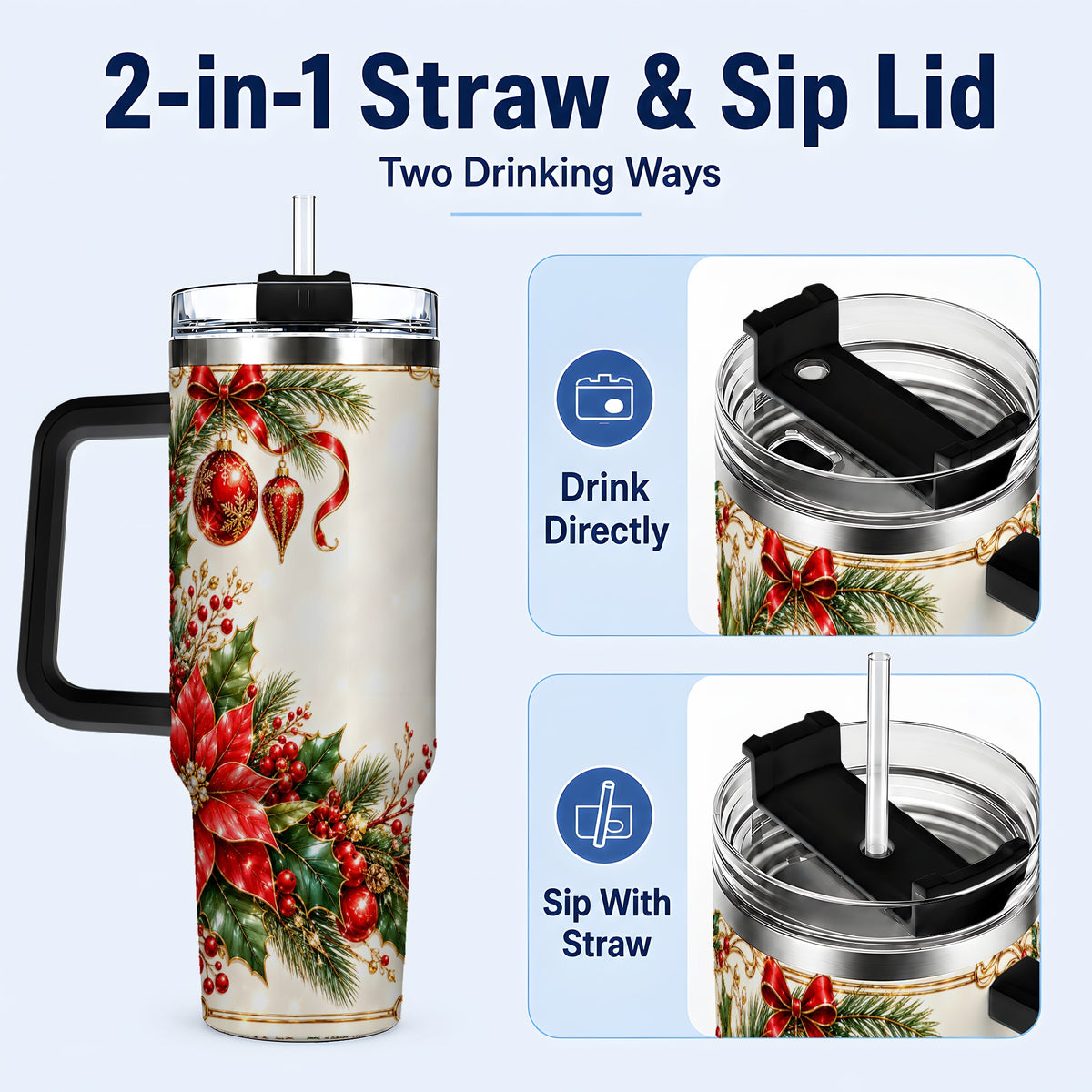 #pl[40oz|Black] Christmas Poinsettia 40oz Tumbler with Handle, Holiday Floral Design