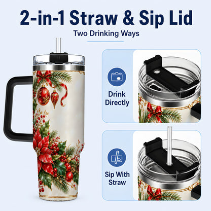 #pl[40oz|Black] Christmas Poinsettia 40oz Tumbler with Handle, Holiday Floral Design