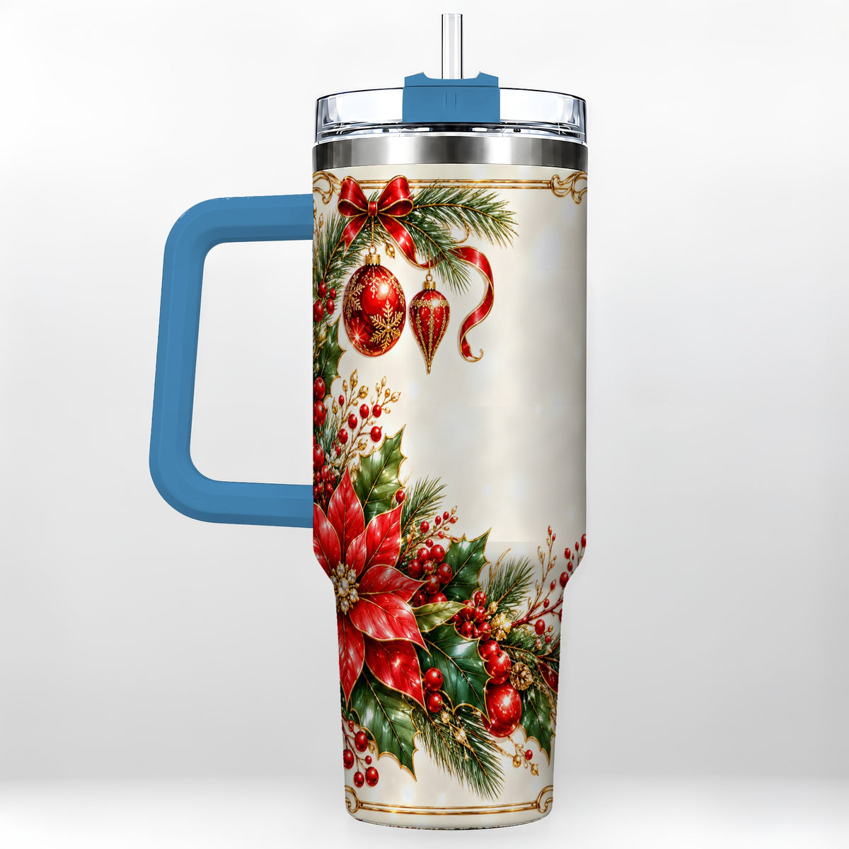 #pl[40oz|Blue] Christmas Poinsettia 40oz Tumbler with Handle, Holiday Floral Design