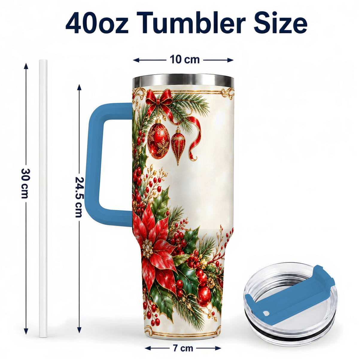 #pl[40oz|Blue] Christmas Poinsettia 40oz Tumbler with Handle, Holiday Floral Design
