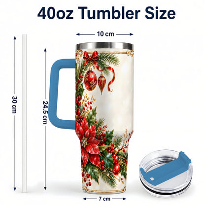 #pl[40oz|Blue] Christmas Poinsettia 40oz Tumbler with Handle, Holiday Floral Design