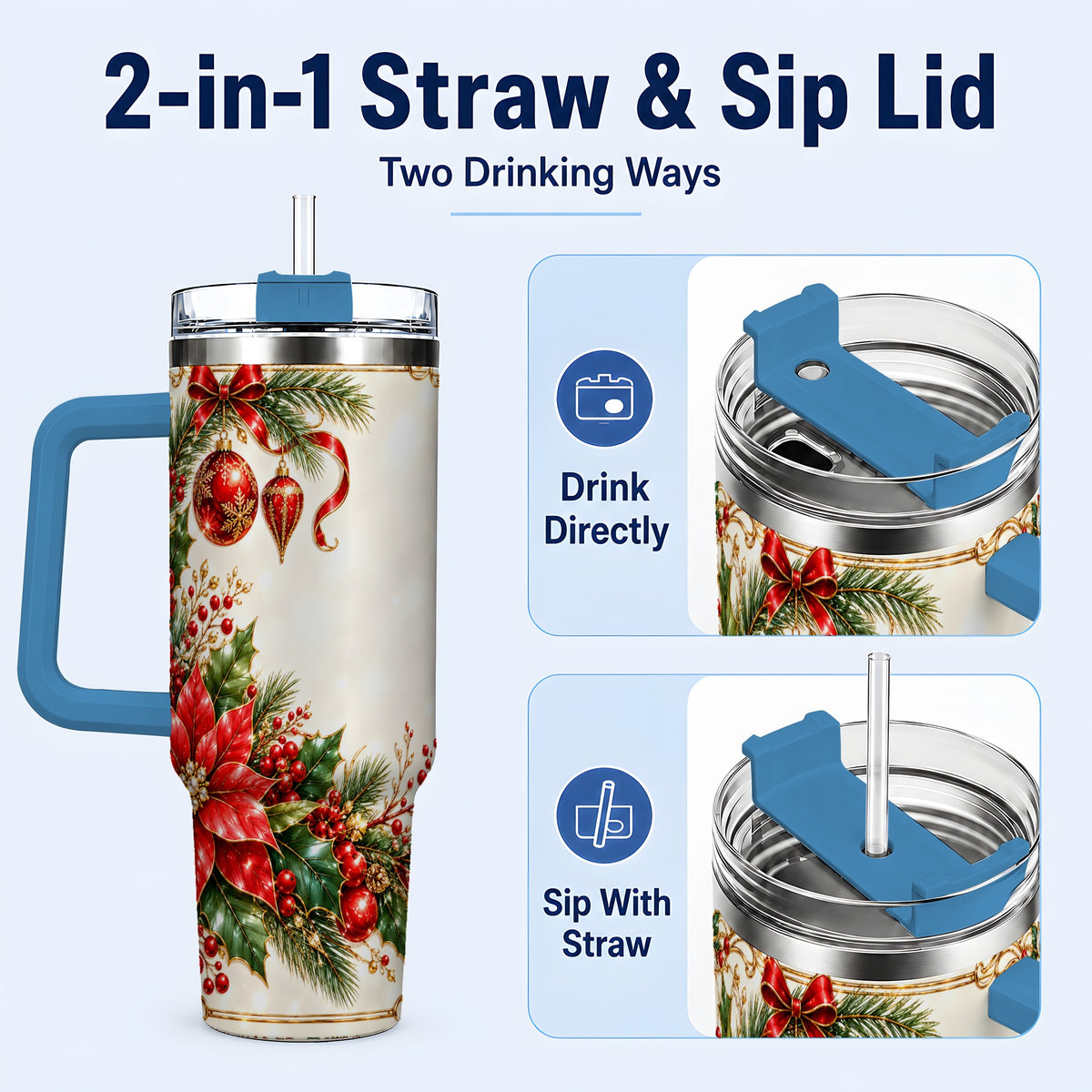 #pl[40oz|Blue] Christmas Poinsettia 40oz Tumbler with Handle, Holiday Floral Design