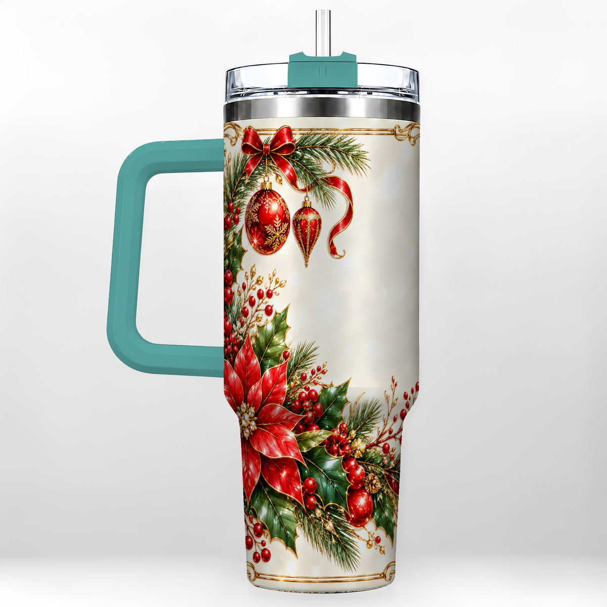 #pl[40oz|Green] Christmas Poinsettia 40oz Tumbler with Handle, Holiday Floral Design