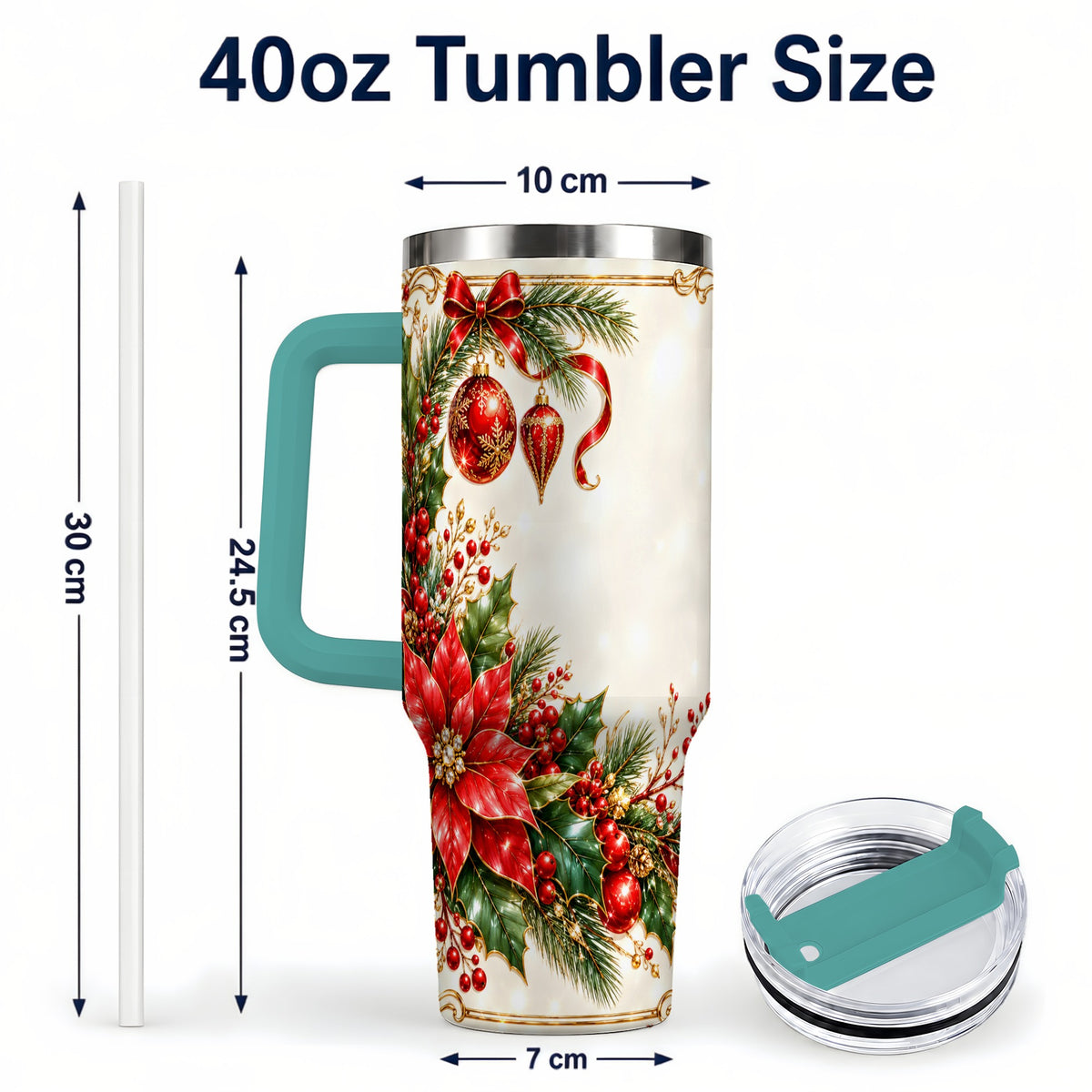 #pl[40oz|Green] Christmas Poinsettia 40oz Tumbler with Handle, Holiday Floral Design