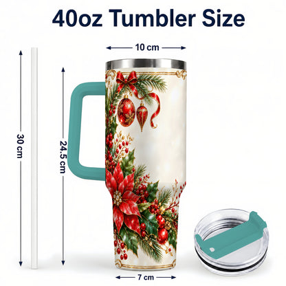 #pl[40oz|Green] Christmas Poinsettia 40oz Tumbler with Handle, Holiday Floral Design