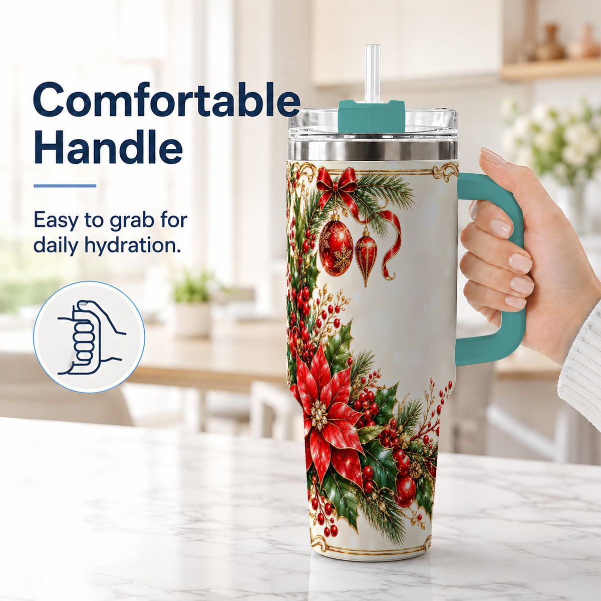 #pl[40oz|Green] Christmas Poinsettia 40oz Tumbler with Handle, Holiday Floral Design