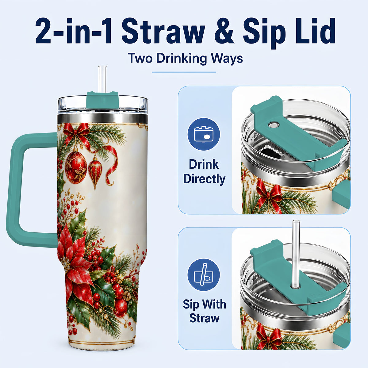 #pl[40oz|Green] Christmas Poinsettia 40oz Tumbler with Handle, Holiday Floral Design