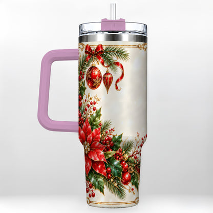 #pl[40oz|Pink] Christmas Poinsettia 40oz Tumbler with Handle, Holiday Floral Design