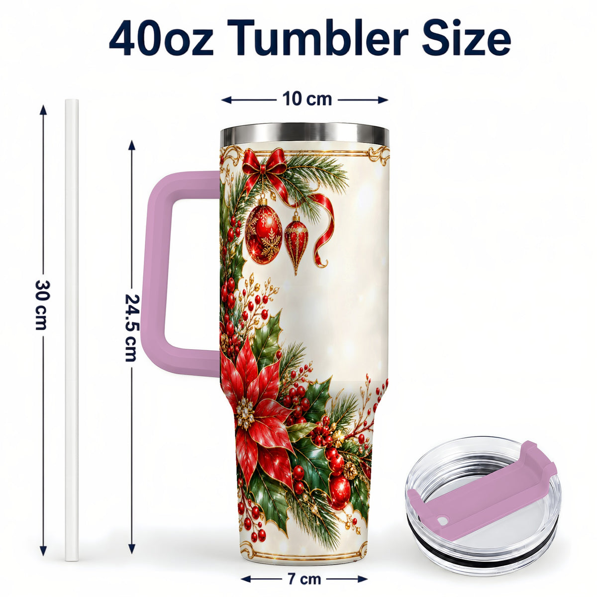 #pl[40oz|Pink] Christmas Poinsettia 40oz Tumbler with Handle, Holiday Floral Design
