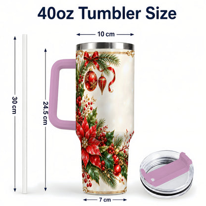 #pl[40oz|Pink] Christmas Poinsettia 40oz Tumbler with Handle, Holiday Floral Design