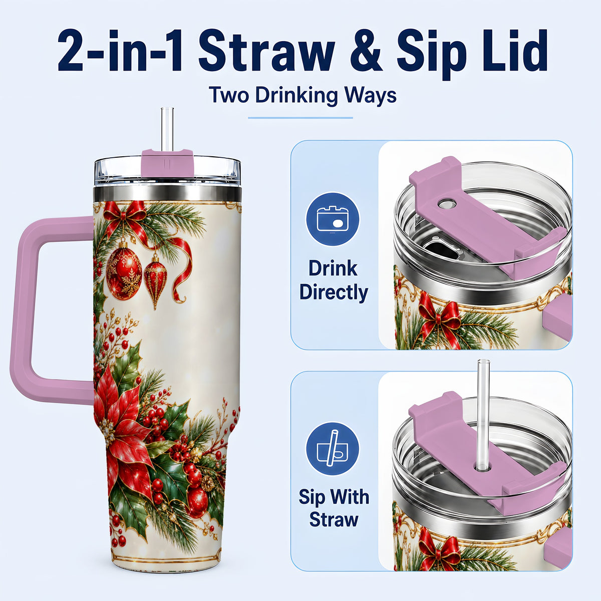 #pl[40oz|Pink] Christmas Poinsettia 40oz Tumbler with Handle, Holiday Floral Design