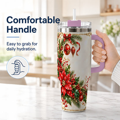#pl[40oz|Pink] Christmas Poinsettia 40oz Tumbler with Handle, Holiday Floral Design