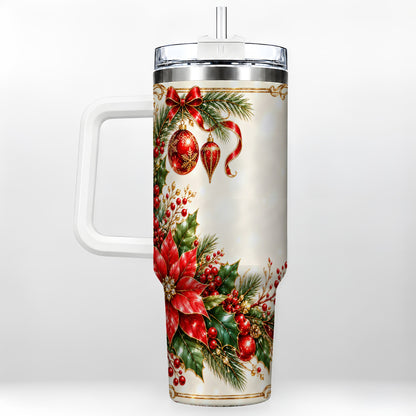 Christmas Poinsettia 40oz Tumbler with Handle, Holiday Floral Design