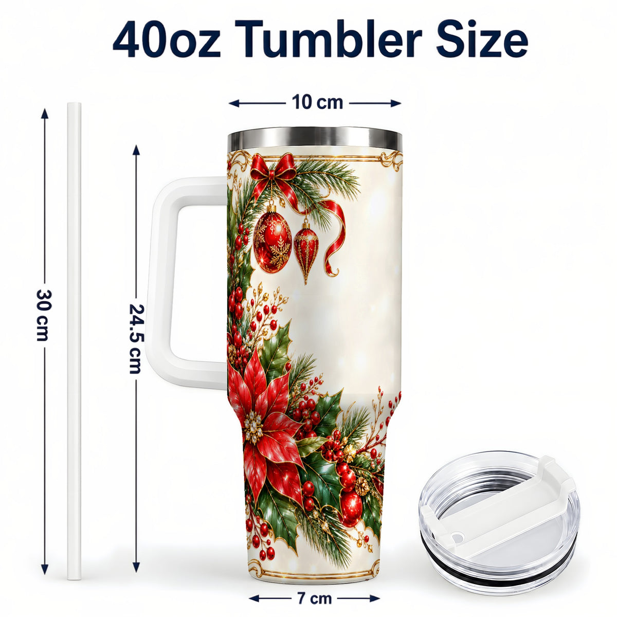 #pl[40oz|White] Christmas Poinsettia 40oz Tumbler with Handle, Holiday Floral Design