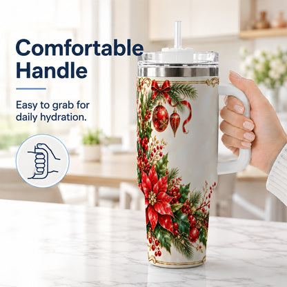 #pl[40oz|White] Christmas Poinsettia 40oz Tumbler with Handle, Holiday Floral Design