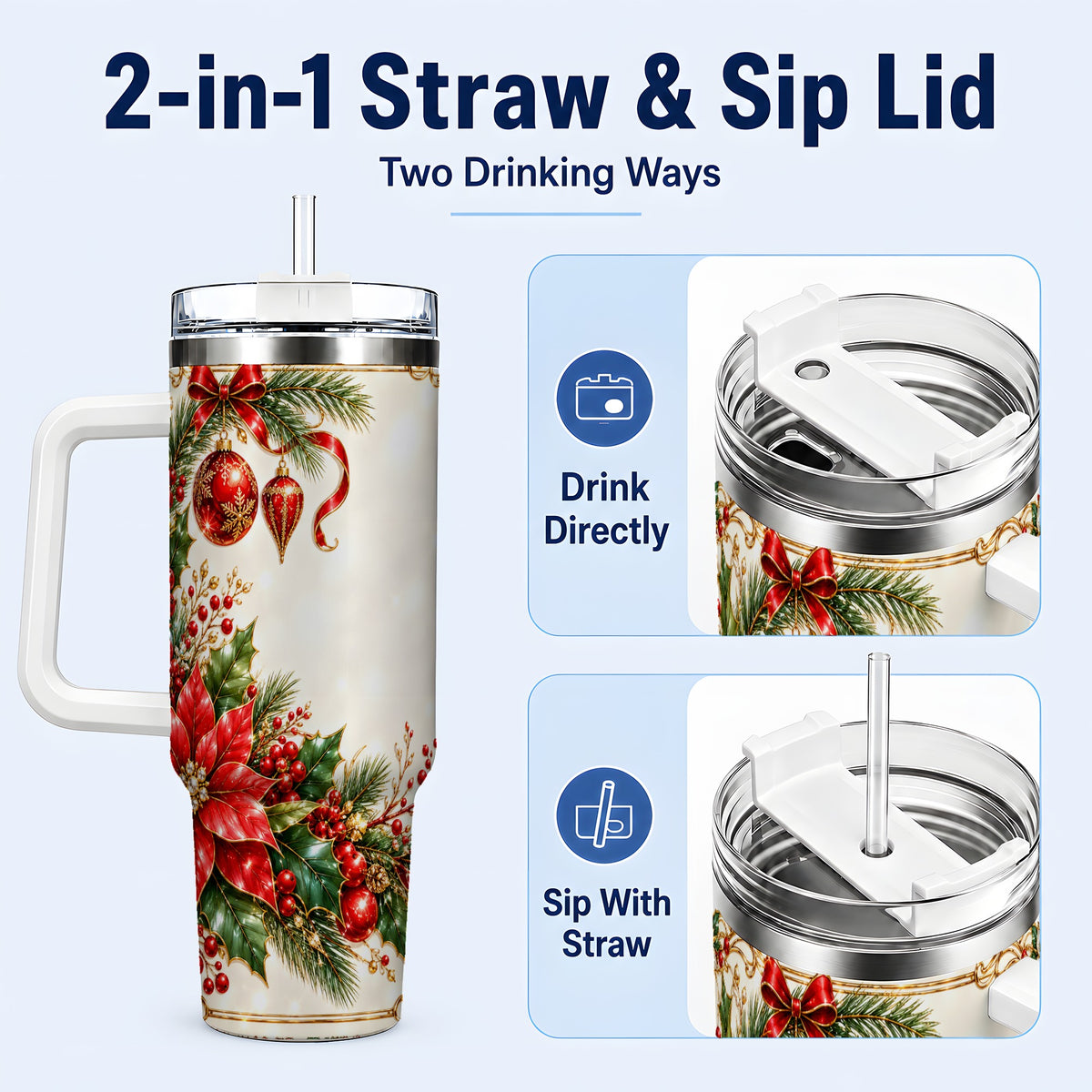 #pl[40oz|White] Christmas Poinsettia 40oz Tumbler with Handle, Holiday Floral Design