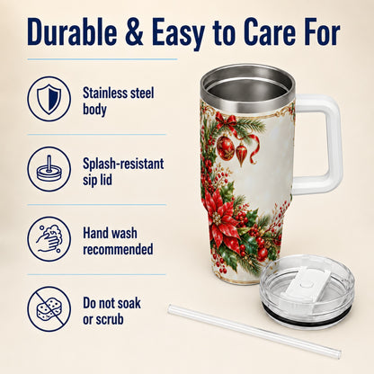 Christmas Poinsettia 40oz Tumbler with Handle, Holiday Floral Design