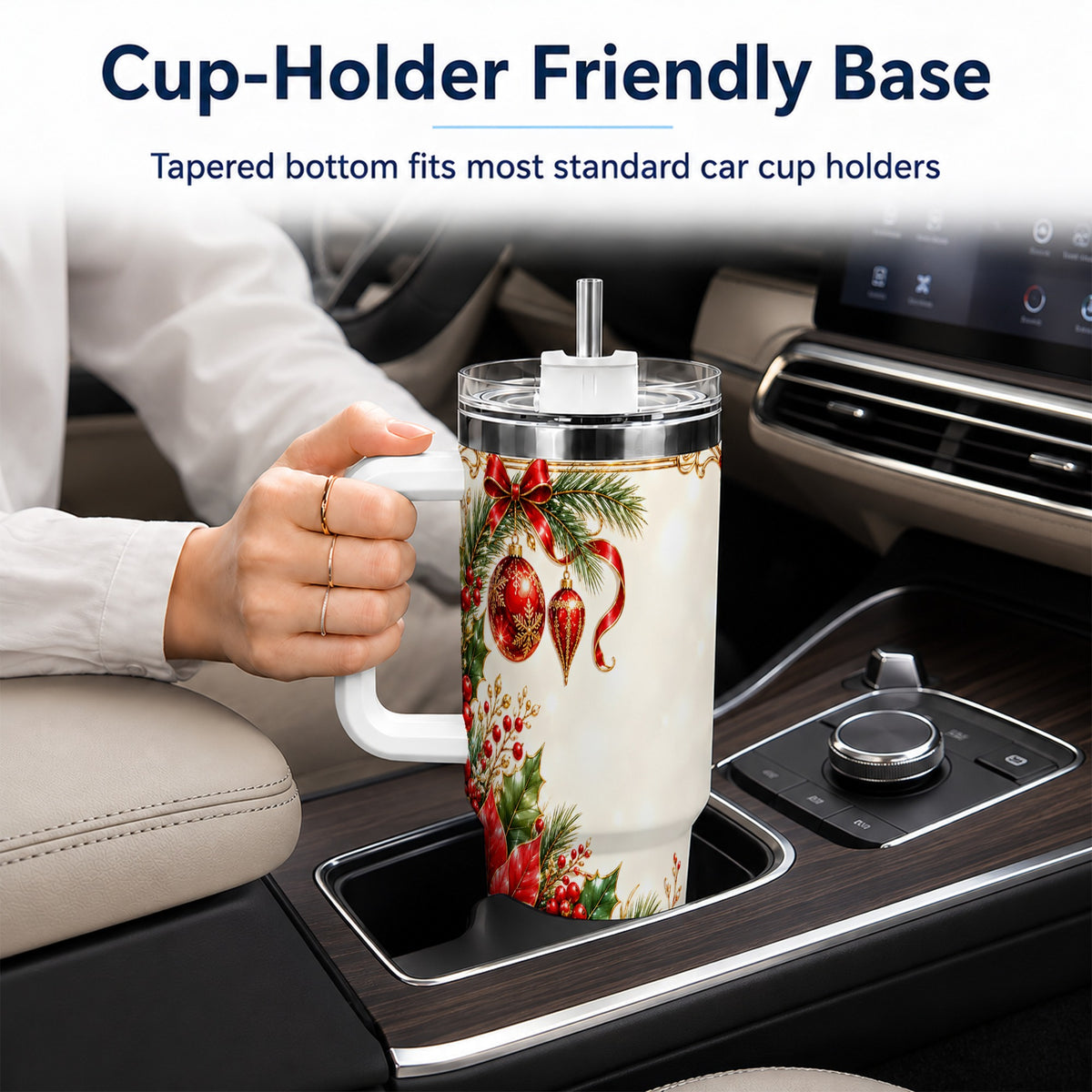 Christmas Poinsettia 40oz Tumbler with Handle, Holiday Floral Design