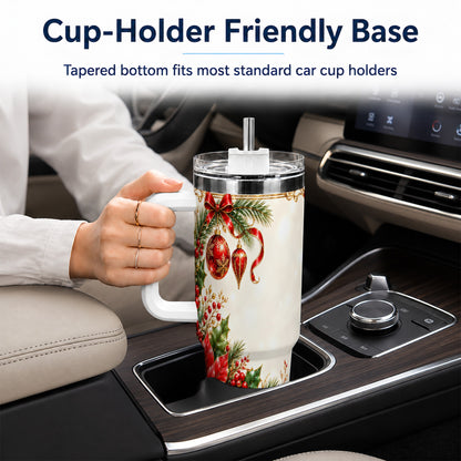 Christmas Poinsettia 40oz Tumbler with Handle, Holiday Floral Design
