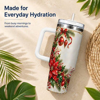 Christmas Poinsettia 40oz Tumbler with Handle, Holiday Floral Design