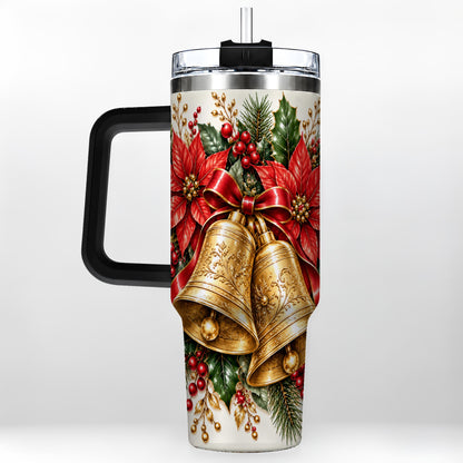 #pl[40oz|Black] Golden Christmas Bells 40oz Tumbler with Handle, Red Poinsettia Art