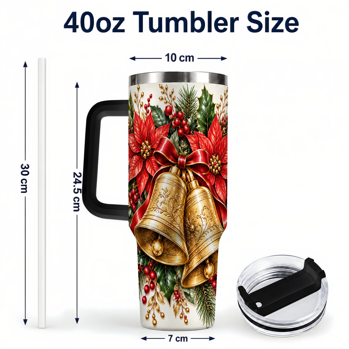 #pl[40oz|Black] Golden Christmas Bells 40oz Tumbler with Handle, Red Poinsettia Art
