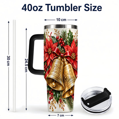 #pl[40oz|Black] Golden Christmas Bells 40oz Tumbler with Handle, Red Poinsettia Art