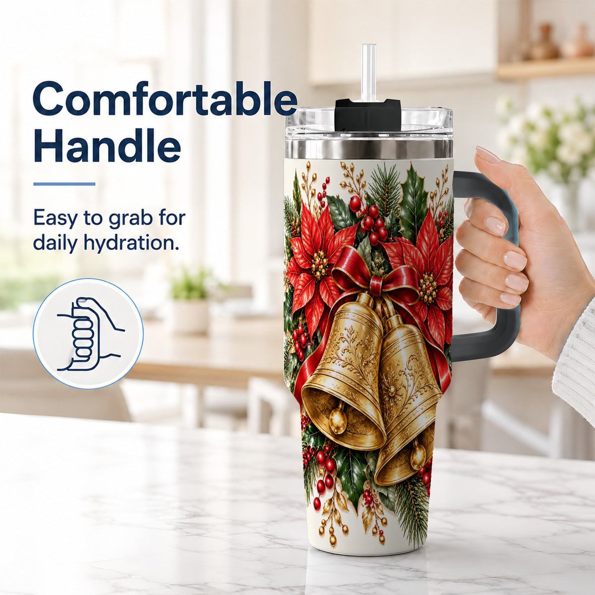 #pl[40oz|Black] Golden Christmas Bells 40oz Tumbler with Handle, Red Poinsettia Art
