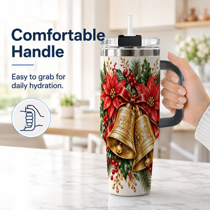 #pl[40oz|Black] Golden Christmas Bells 40oz Tumbler with Handle, Red Poinsettia Art