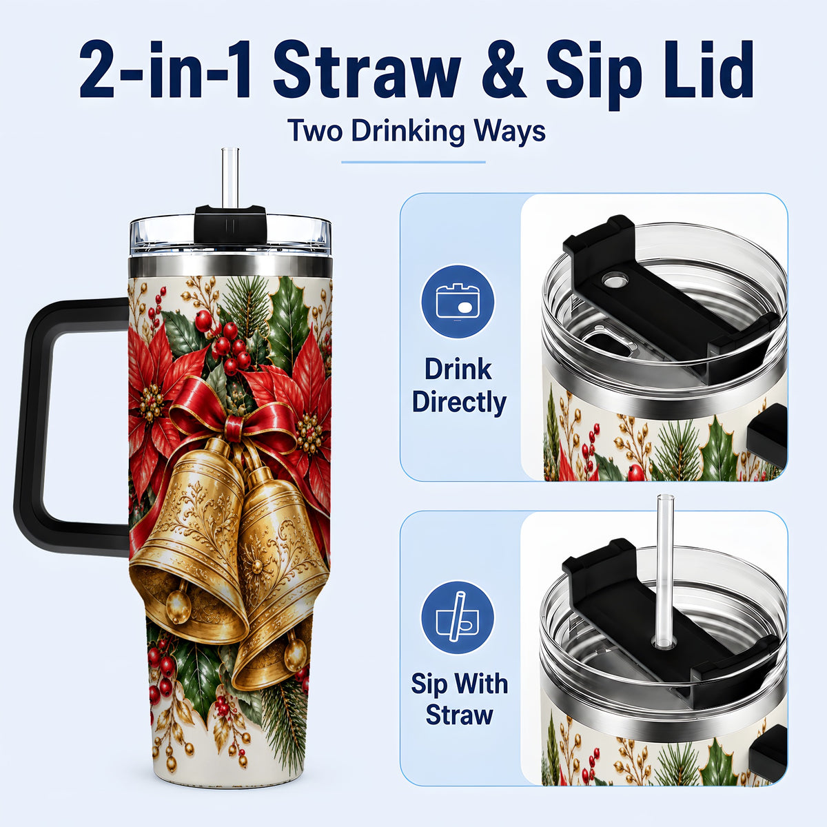 #pl[40oz|Black] Golden Christmas Bells 40oz Tumbler with Handle, Red Poinsettia Art