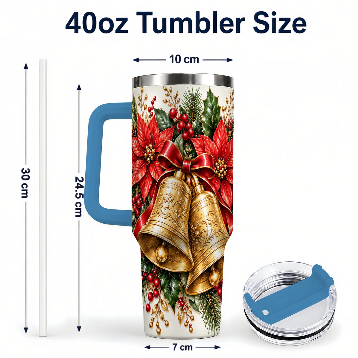 #pl[40oz|Blue] Golden Christmas Bells 40oz Tumbler with Handle, Red Poinsettia Art