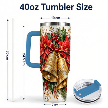 #pl[40oz|Blue] Golden Christmas Bells 40oz Tumbler with Handle, Red Poinsettia Art