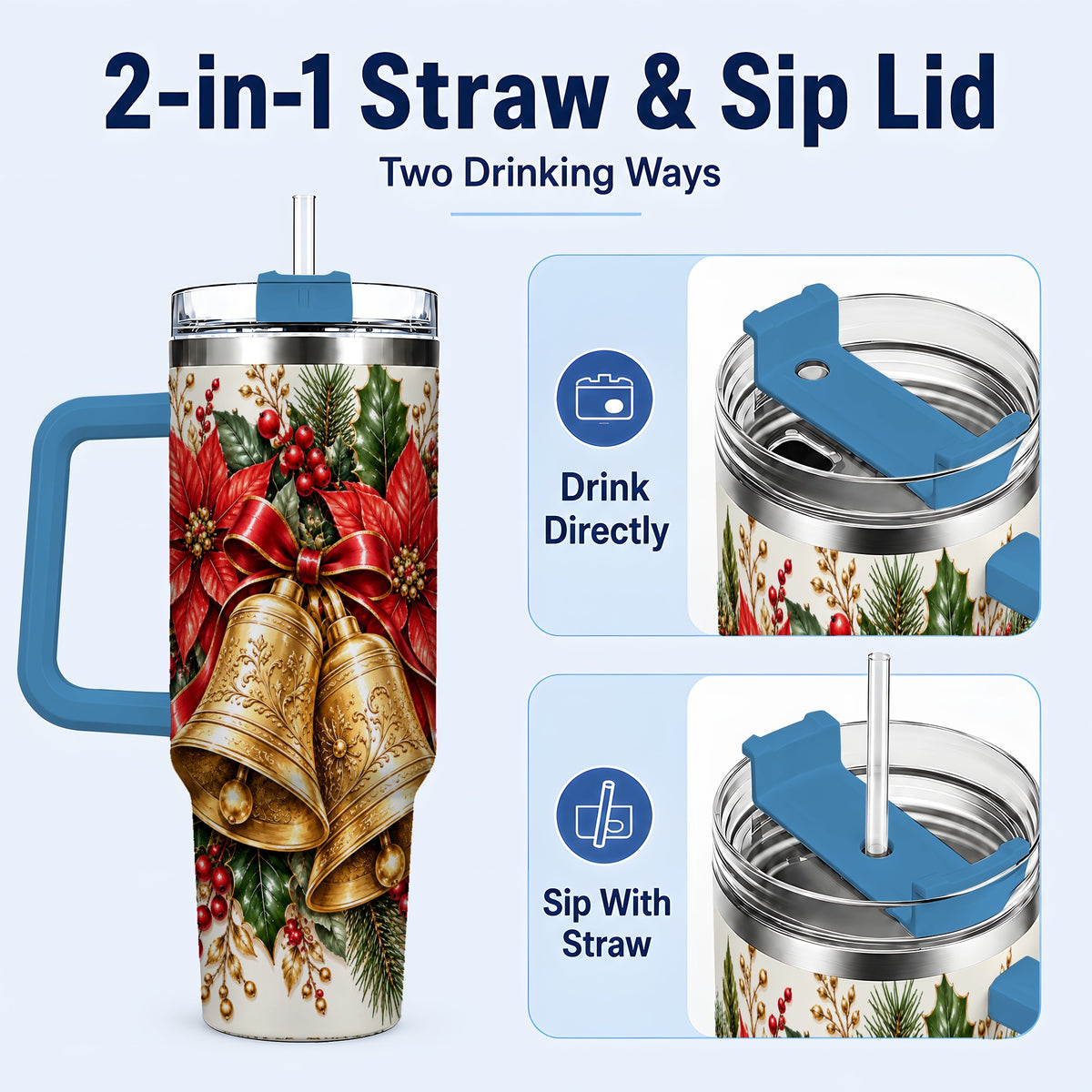 #pl[40oz|Blue] Golden Christmas Bells 40oz Tumbler with Handle, Red Poinsettia Art