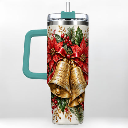 #pl[40oz|Green] Golden Christmas Bells 40oz Tumbler with Handle, Red Poinsettia Art
