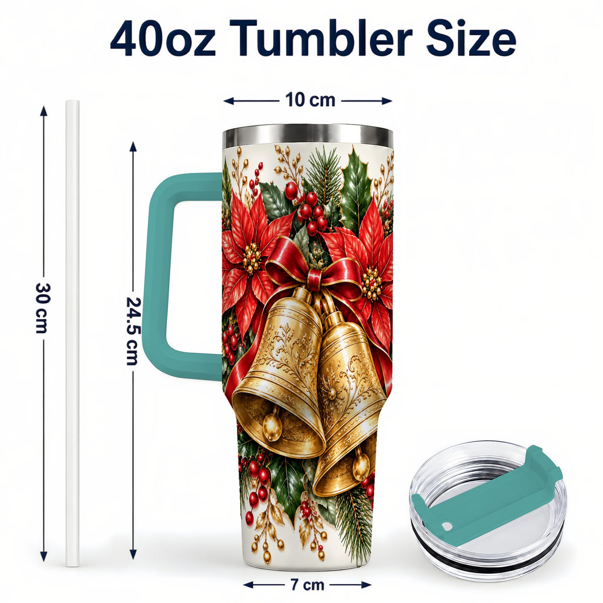 #pl[40oz|Green] Golden Christmas Bells 40oz Tumbler with Handle, Red Poinsettia Art