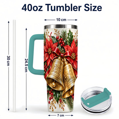 #pl[40oz|Green] Golden Christmas Bells 40oz Tumbler with Handle, Red Poinsettia Art