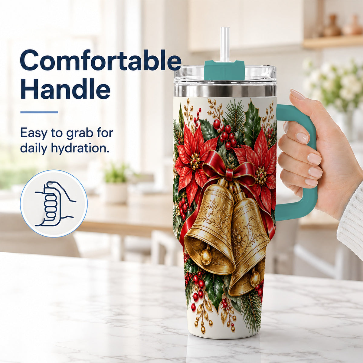 #pl[40oz|Green] Golden Christmas Bells 40oz Tumbler with Handle, Red Poinsettia Art
