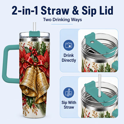 #pl[40oz|Green] Golden Christmas Bells 40oz Tumbler with Handle, Red Poinsettia Art