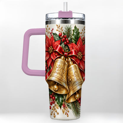 #pl[40oz|Pink] Golden Christmas Bells 40oz Tumbler with Handle, Red Poinsettia Art
