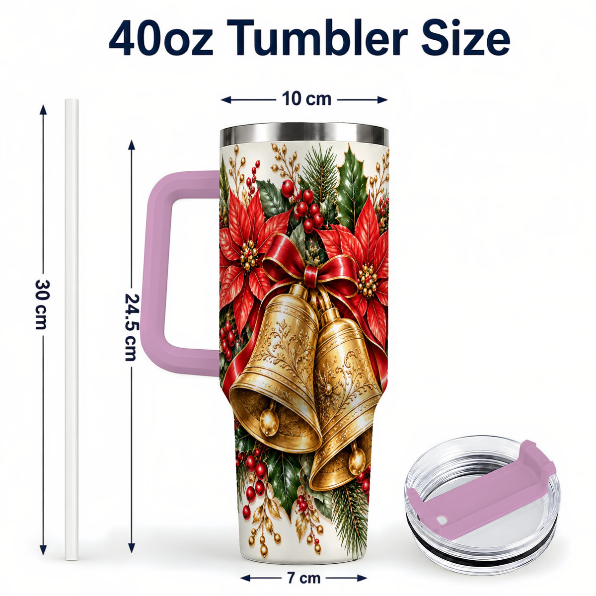 #pl[40oz|Pink] Golden Christmas Bells 40oz Tumbler with Handle, Red Poinsettia Art