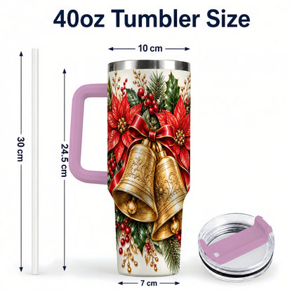 #pl[40oz|Pink] Golden Christmas Bells 40oz Tumbler with Handle, Red Poinsettia Art