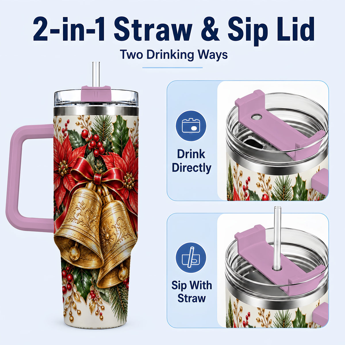 #pl[40oz|Pink] Golden Christmas Bells 40oz Tumbler with Handle, Red Poinsettia Art